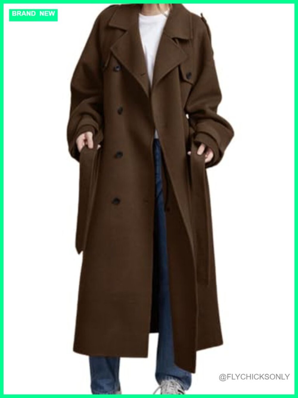 Women's Wool Blend Midi Trench Coat Double Breasted Belted Winter Overcoat